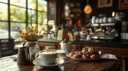 Naklejka premium coffee and pastries displayed in cozy cafe