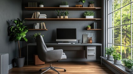 Contemporary Home Office with Potted Plants