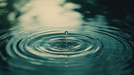 A single water drop falls into still water, creating concentric ripples.