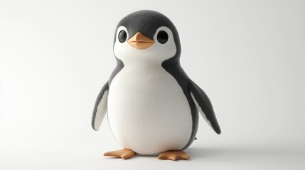 Fototapeta premium A cute cartoon penguin with black and white feathers, orange beak, and black eyes, stands against a white background.