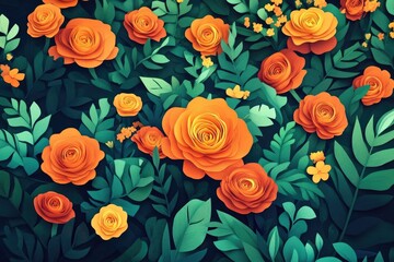 Vibrant orange ranunculus flowers accompanied by lush green foliage, Vibrant orange ranunculus flowers and lush green leaves