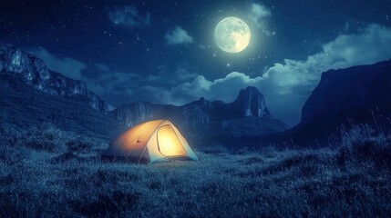 A lone tent glows under a full moon in a mountain valley.