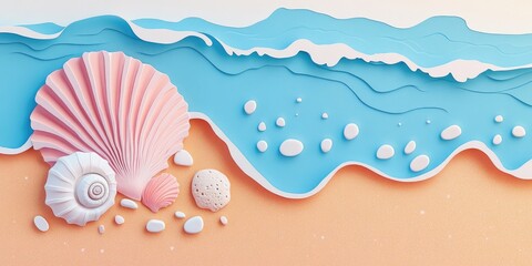 Two seashells and scattered pebbles on wet sand with a foamy wave nearby, Seashells and pebbles on wet sand with a foamy wave