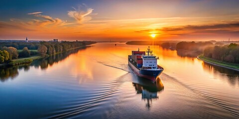 Cargo ship navigating on calm river at sunset from low angle