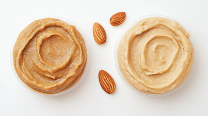Fototapeta premium almond butter or cashew butter: a close-up, top-down view of almond butter and cashew butter spread smoothly in round shapes, placed side by side with a small gap on a white background