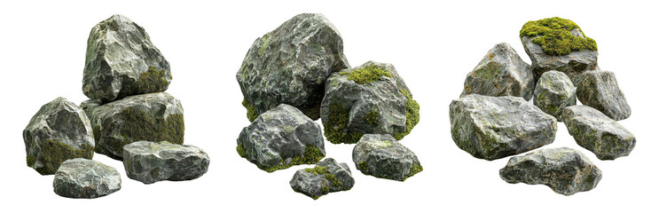 Collection of Natural Rocks with Moss and Texture Isolated on Transparent Background