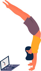 woman doing yoga exercise with laptop at home illustration