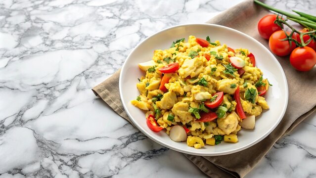 Caribbean dish with ackee and saltfish on marble kitchen counter reflected in the surface below