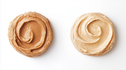 Fototapeta premium almond butter or cashew butter: a close-up, top-down view of almond butter and cashew butter spread smoothly in round shapes, placed side by side with a small gap on a white background