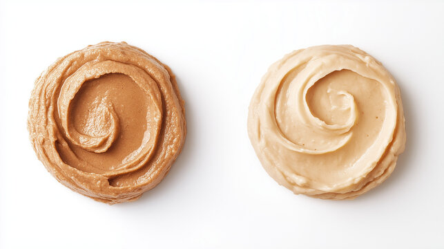 almond butter or cashew butter: a close-up, top-down view of almond butter and cashew butter spread smoothly in round shapes, placed side by side with a small gap on a white background