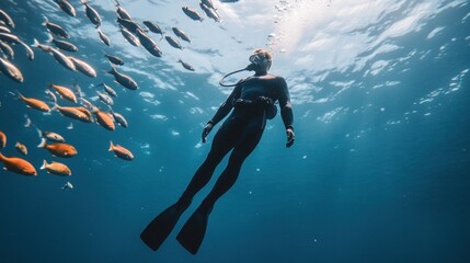 A scuba diver floats peacefully in the blue ocean, surrounded by a school of fish.