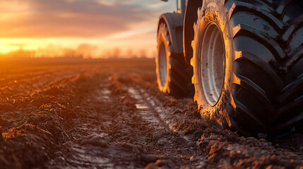 Tractor on Farm at Sunrise

