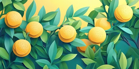 Close-up of ripening yellow tangerines on tree branches, Close-up of ripe yellow tangerines on tree branches