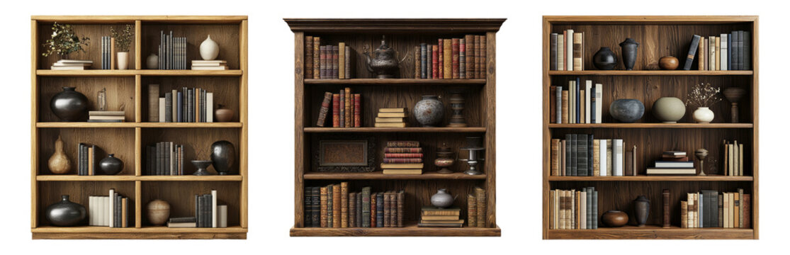 Elegant Wooden Bookshelves with Decorative Objects Isolated on Transparent Background