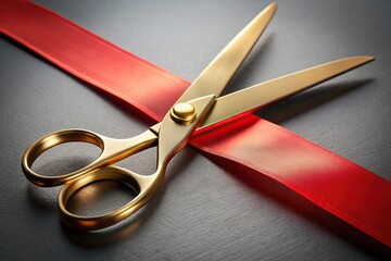 Ceremonial ribbon cutting with golden scissors from above