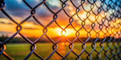 Fototapeta premium Chain link fence with sunset background, selective focus, shallow depth of field, POV