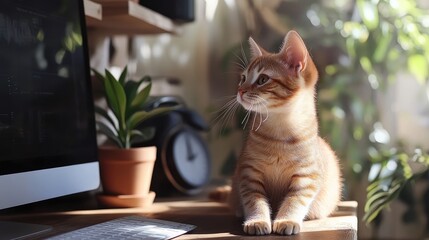 Curious Orange Tabby Cat Relaxing on Wooden Desk in Sunlit Home Office