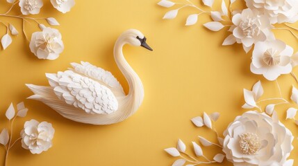Obraz premium A white paper swan sits in the center of a yellow background with white paper flowers and leaves surrounding it.