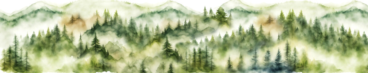 Fototapeta premium Forest wide banner. Watercolor pine landscape in soft green, white, and earthy tones. Panoramic view at 5:1 ratio, perfect for a page header, social media banner, or website background.