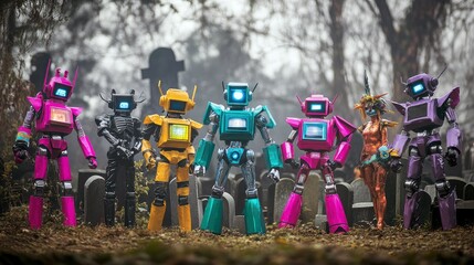A group of colorful robot figures posed in a misty graveyard setting.