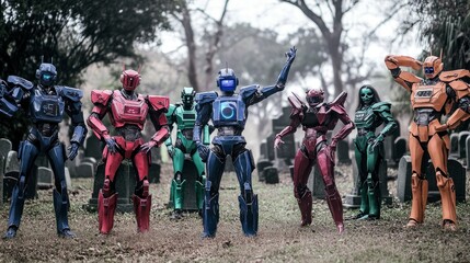 A group of colorful robots poses in a graveyard setting, showcasing futuristic design.
