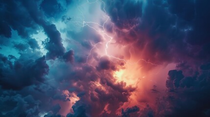 A dramatic sky with dark clouds illuminated by a powerful lightning strike.