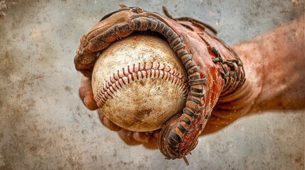 Naklejka premium A close-up of a baseball mitt catching a baseball with a vintage look.