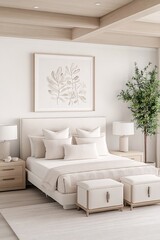 an Organic Modern Bedroom with a Sleek and contemporary vibe, wide shot to capture the entire bedroom with bed