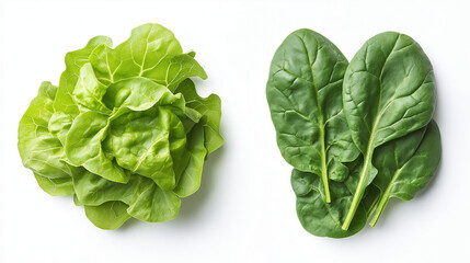 Fototapeta premium lettuce or spinach: a close-up, top-down view of lettuce leaves and spinach leaves, placed side by side with a small gap on a clean white background