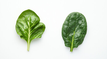 Fototapeta premium lettuce or spinach: a close-up, top-down view of lettuce leaves and spinach leaves, placed side by side with a small gap on a clean white background