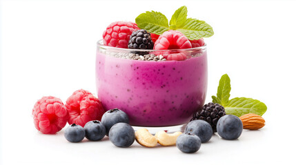 Delicious yogurt parfait with vibrant layers of purple yogurt, topped with fresh raspberries, blackberries, blueberries, and mint leaves, surrounded by nuts.