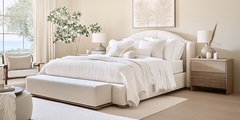 Fototapeta premium an Organic Modern Bedroom with a Sleek and contemporary vibe, wide shot to capture the entire bedroom with bed