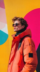 Trendy Young Man in Vibrant Coat and Sunglasses Against Colorful Abstract Wall