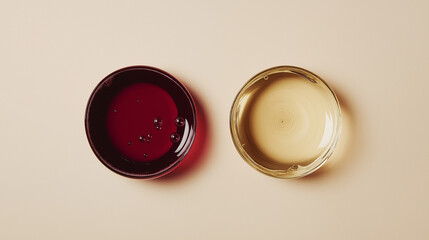 red wine or white wine: a close-up, top-down view of red wine and white wine in rounded puddle shapes, placed side by side with a small gap on a light pastel background