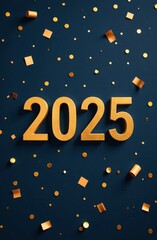 Golden 2025 numerals surrounded by colorful confetti on a dark background ideal for New Year celebrations and events