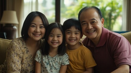 A happy Asian family of four, a mother, father, daughter, and son, smiling at the camera while sitting on a couch in their home.