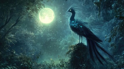 Naklejka premium A stunning, magical bird with radiant, long feathers and an elegant stance, perched in an enchanted forest under a glowing moon