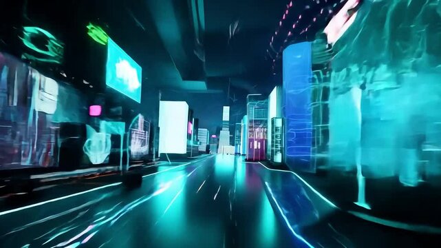 Camera flying through futuristic cyberpunk city with neon lights