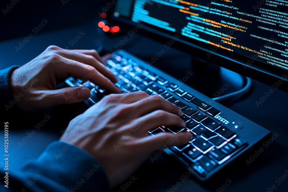 Aufkleber Ethical hackerâ€™s hands hovering over a mechanical keyboard, with every detail of the keys, screen reflections, and lines of code sharply visible as they perform a penetration test