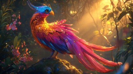 A colorful, fairytale bird with exotic, flowing plumage and a regal posture, set against a glowing, enchanted forest backdrop