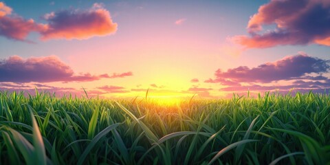 Fototapeta premium Lush green grass set against a vibrant sunset backdrop, Vibrant sunset over lush green grass
