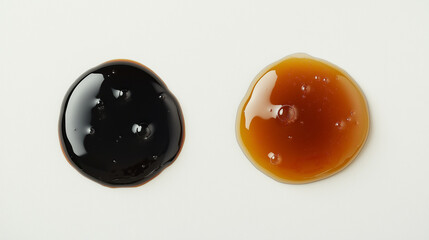 soy sauce or vinegar: a close-up, top-down view of soy sauce and vinegar in small rounded puddles, placed side by side with a slight gap on a light neutral background
