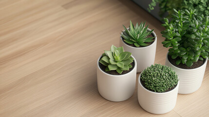 Fototapeta premium A collection of potted succulents arranged on a wooden floor, showcasing greenery and contemporary pot designs for indoor decoration.
