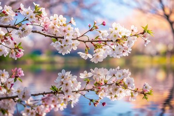 Fototapeta premium Cherry blossom in Spring reflected on branch