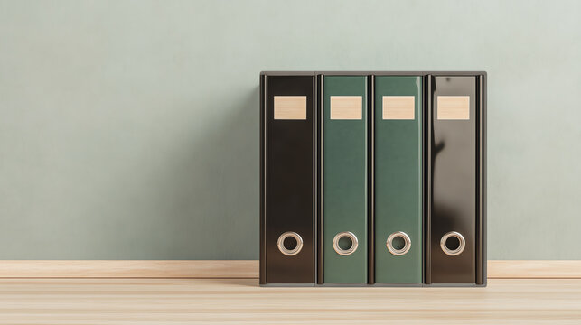A collection of four neatly stacked binders on a wooden surface against a pastel green wall, perfect for organizing documents and files.
