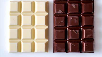 Fototapeta premium white chocolate or dark chocolate: a close-up, top-down view of white chocolate and dark chocolate squares, placed side by side with a small gap on a white background