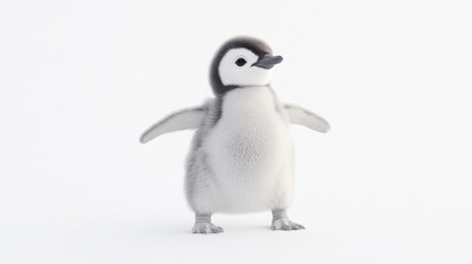 Obraz premium A cute baby penguin chick stands with its wings slightly outstretched on a white background.