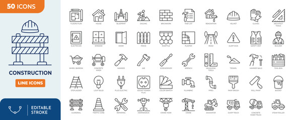 Construction icon set. Outline Icon Collection. Editable stroke. Vector illustration