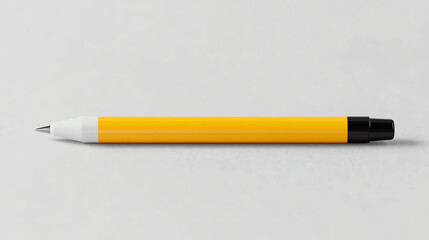 A yellow pen with a black tip, lying flat against a light gray background, perfect for stationary...