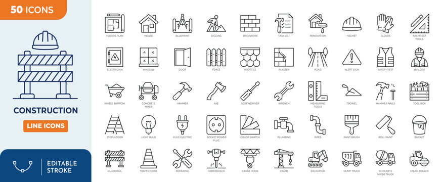 Construction icon set. Outline Icon Collection. Editable stroke. Vector illustration